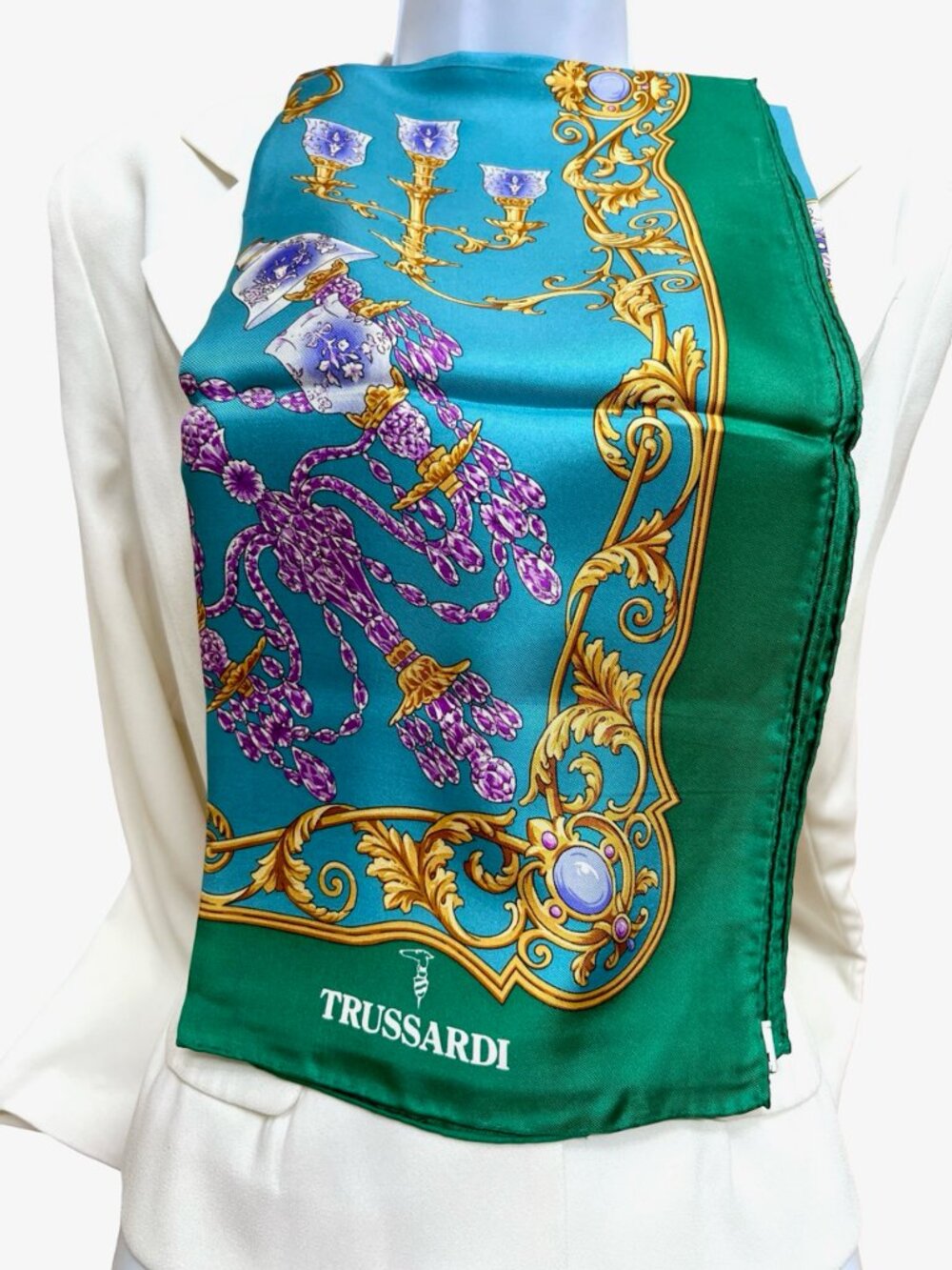 New-Beautififul Trussardi 100% silk Scarf satin 35" Beige Gold Red Striped (17 - Picture 11 of 16
